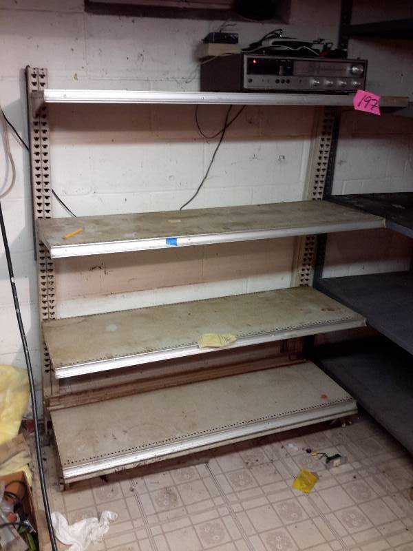lot 197 image: 2, Shelves as shown.. 1 metal gray  36in x 24in x 72in h.. Adjustable shelves  White display shelf. 48 in x 50 in x 16in deep.. Shelves adjust.. Stereo on top not included (unless you want it).  Record player doesnt work.
