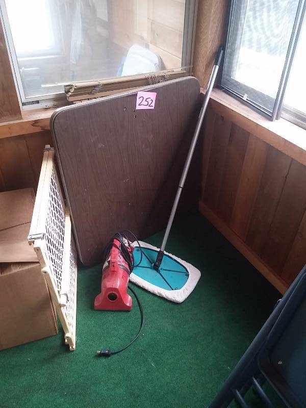 lot 252 image: Adjustable Gate, Card Table, Dirt Devil vacuum, Mop