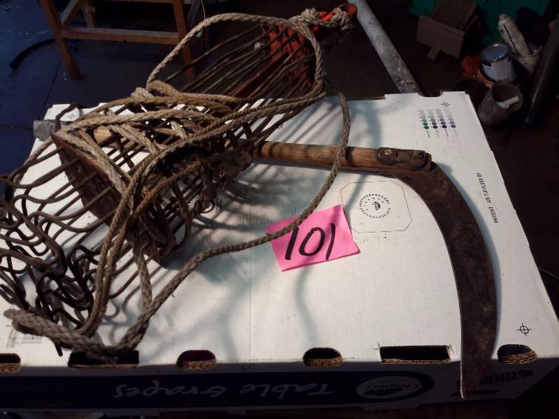 lot 101 image: Hand Scythe, Chimney sweep tool (drop it down and the arms come out and you pull it up).