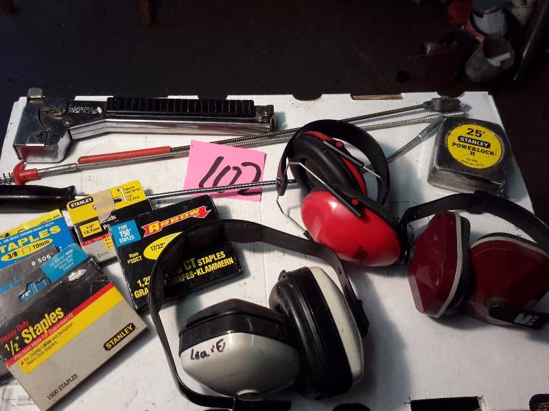 lot 102 image: Staple Gun and Staples, 3, ear protectors, Magnetic probes.