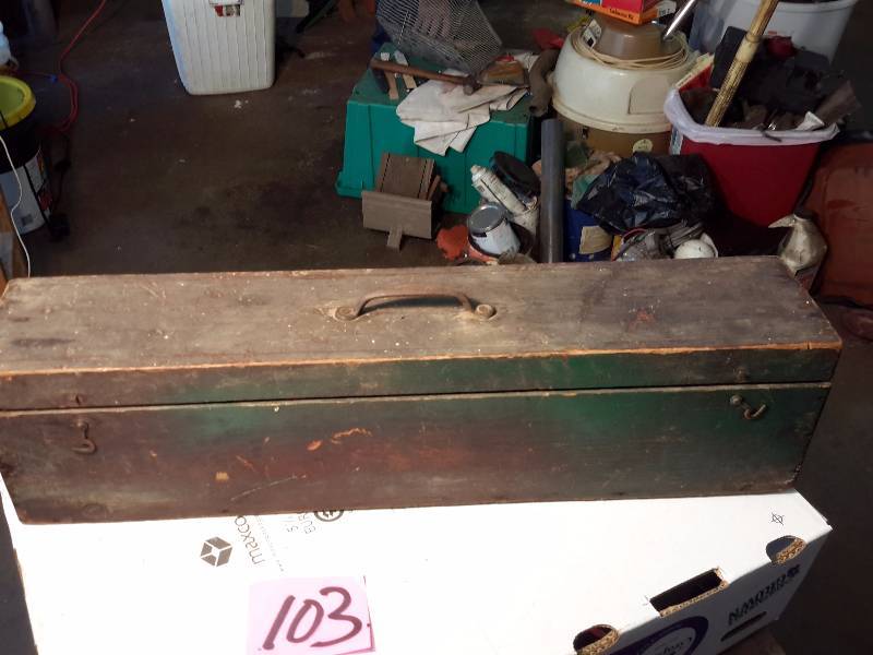 lot 103 image: Wooden Tool box and other wooden box.  Tool box 25in x 5 in x 6 12 in.