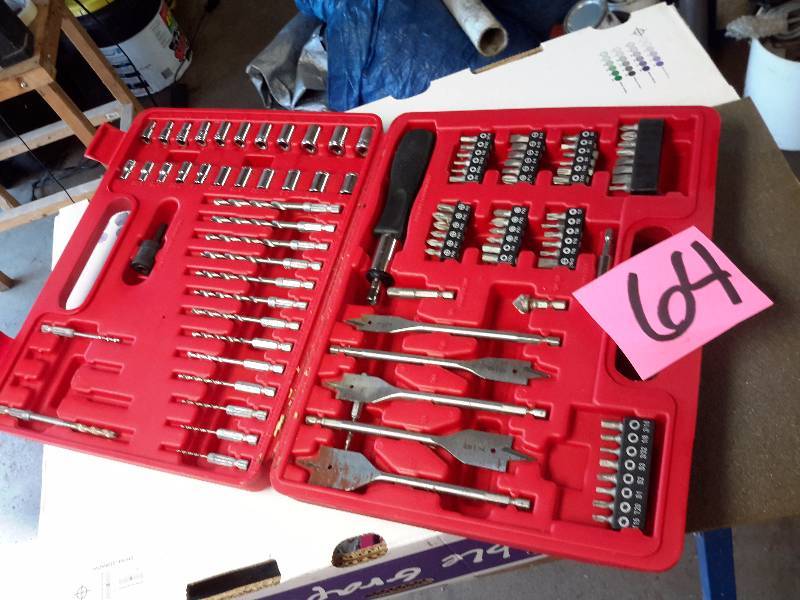 lot 64 image: Set of Drill Bits, Spades, driver bits, sockets.. (couple missing)