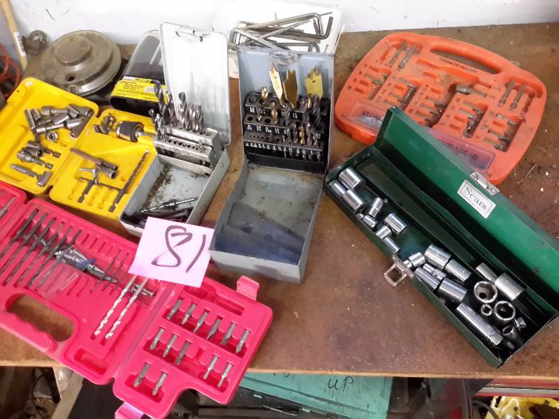 lot 81 image: Lot of misc. Bits, Drills, sockets as pictured  Allen wrenches, MAXCRAFT Screw Driver set