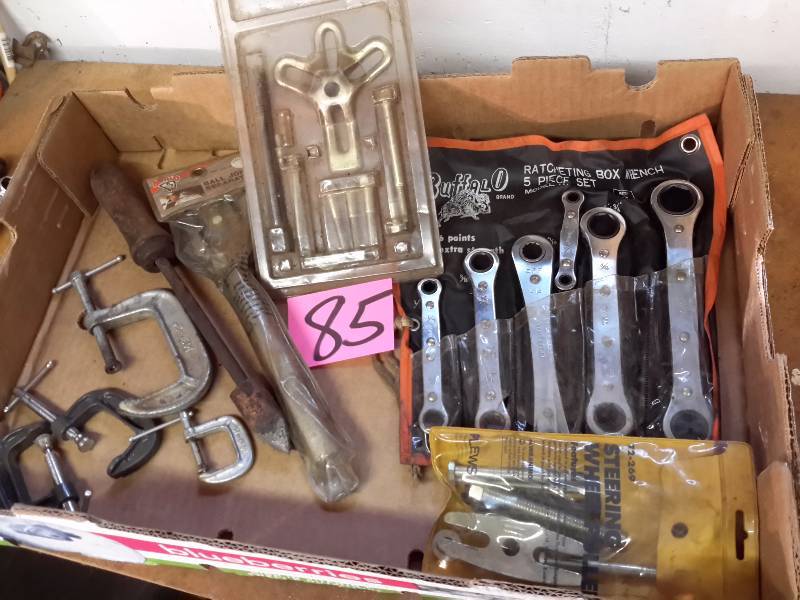 lot 85 image: C Clamps, Ratcheting Box wrench set, Steering wheel Puller and tools