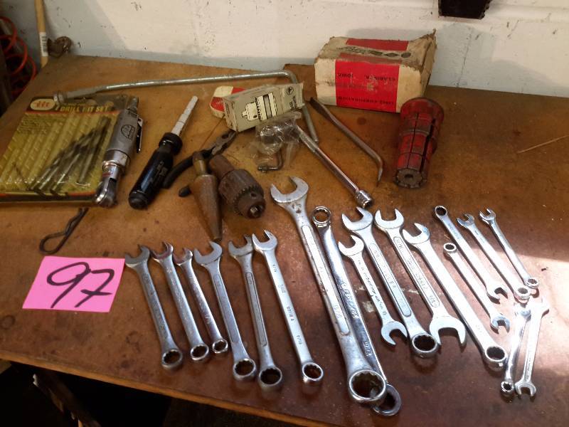lot 97 image: Combination Wrenches, Drill bits, Shanks, Extensions, MAC pneumatic  socket wrench,  other items as pictured..