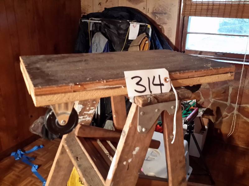 lot 314 image: 58in h Wood Step Ladder.. 3 Wheel Flat Cart