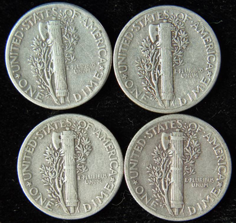 GROUP OF 4 MERCURY SILVER DIMES 1942, 43, 44, & 45