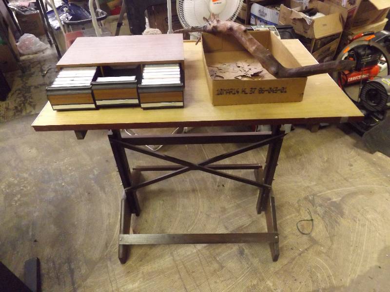 lot 688 image: Drafting Table, Drift wood and cassete tapes with storage box