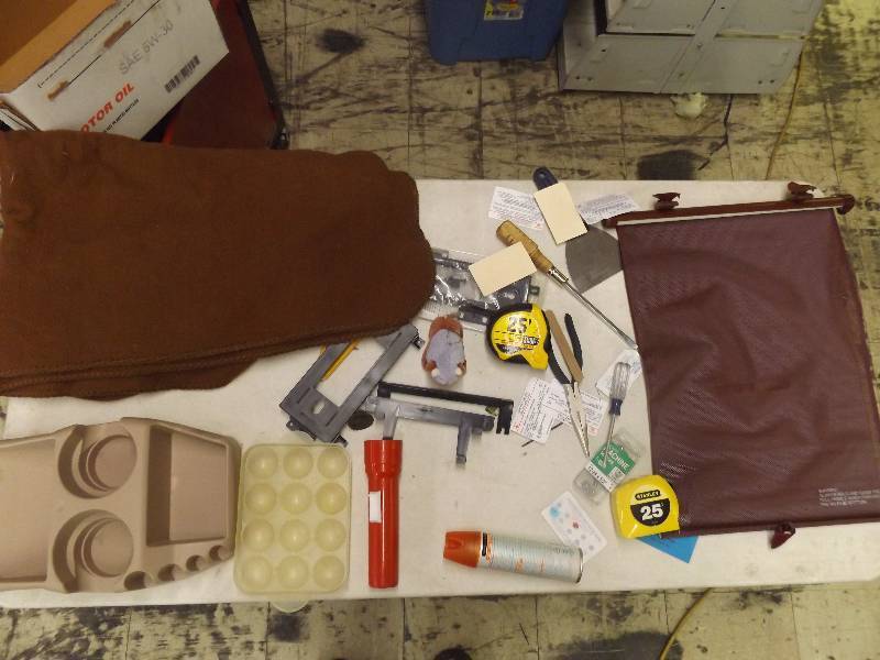 lot 693 image: Tools, cup holder consol, blanket and misc
