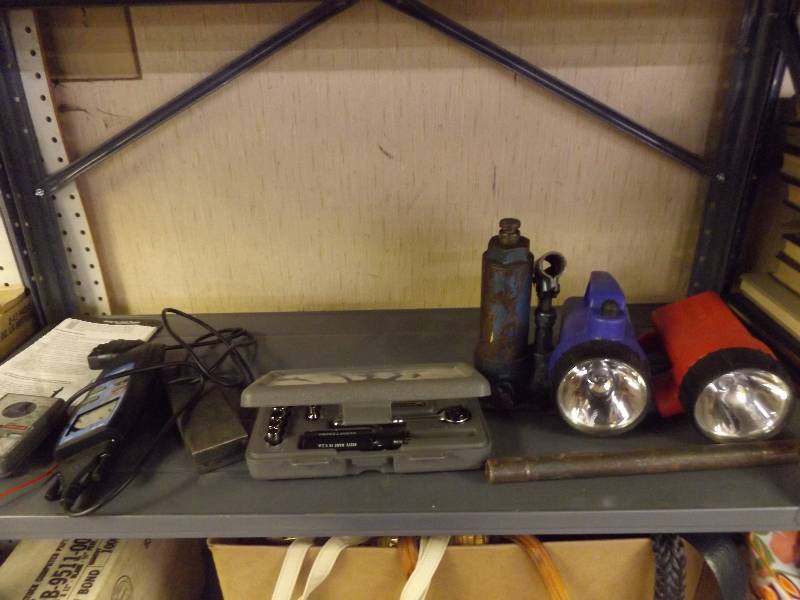 lot 704 image: bottle jack, flashlights, sockets and OBDII Digital tester
