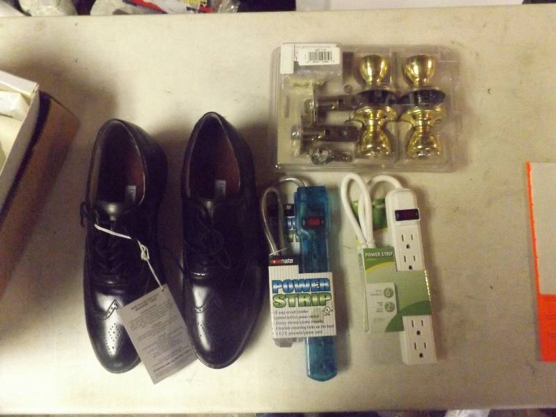 lot 741 image: Size 13 shoes, 2 power strips and set of door knobs