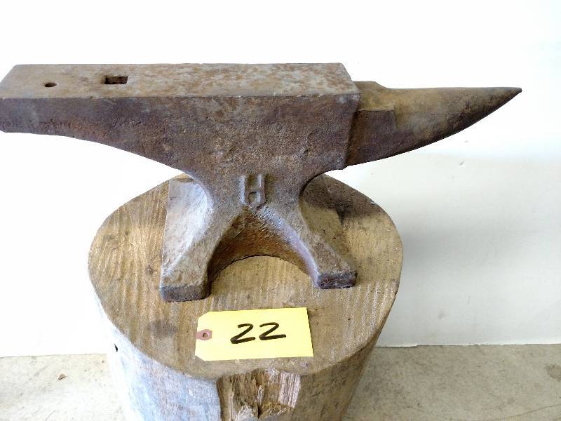 lot 22 image: Anvil with Wood Stand, 3 14 x 21...