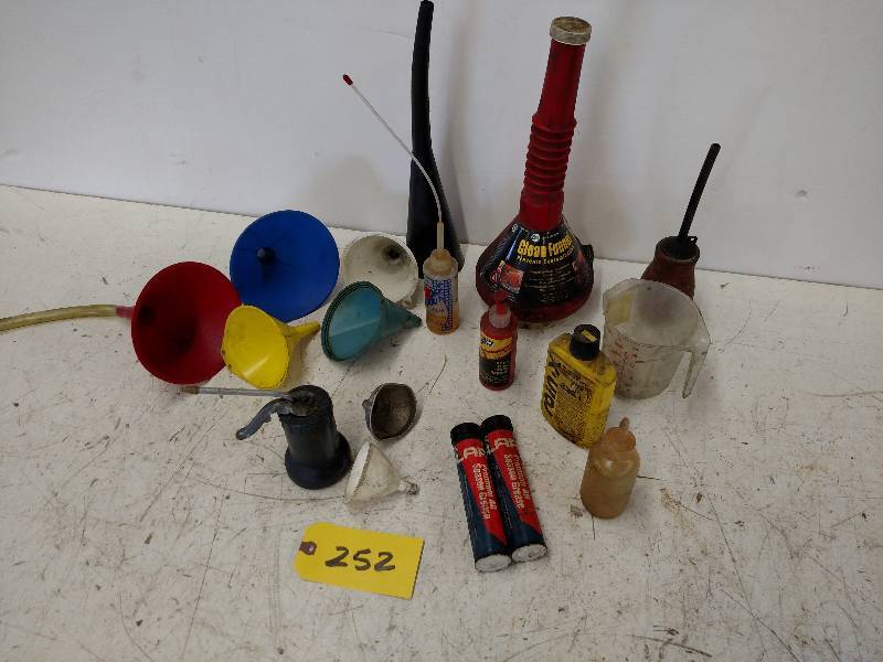 lot 252 image: Asstd Funnels, Oil Cans, & Misc...