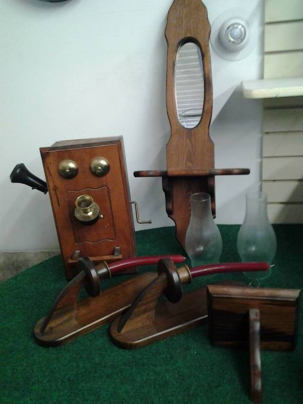 lot 12 image: Lot Of Wood Decor Phone Cabinet, Sconces, Shelves