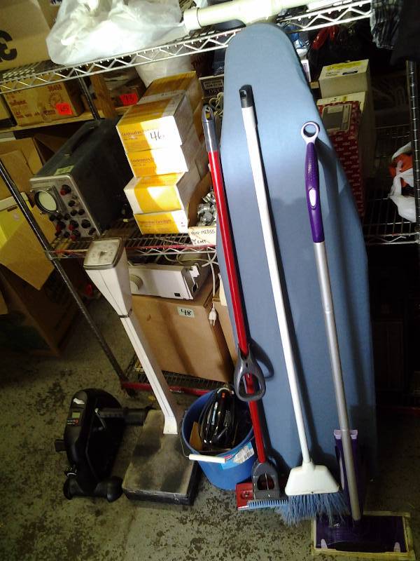 lot 23 image: Scale, Stationary Cycle Exerciser, Ironing Board, Iron, Pail, Grout Cleaning Kit