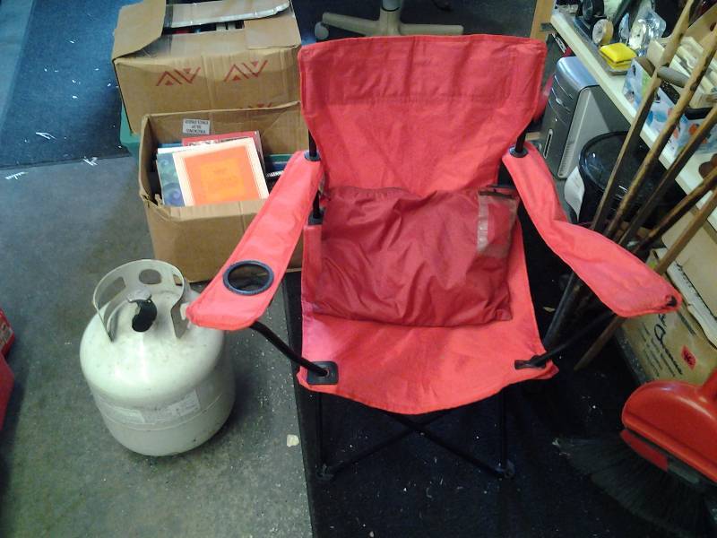 lot 24 image: Propane Tank, Folding Camp Chair, Red Nylon Zipper Bags