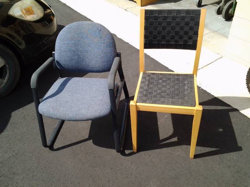 lot 31 image: Wood Chair With Black Woven Web Straps, Blue Office Chair