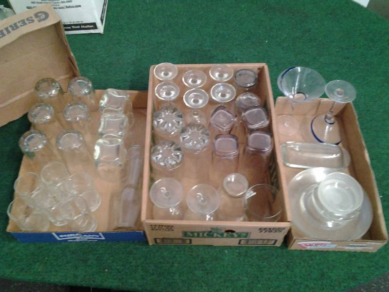 lot 38 image: 3-Boxes Of Decent Glass Ware, Tumblers, Goblets, Bar Glasses, Plates, Butter Dish