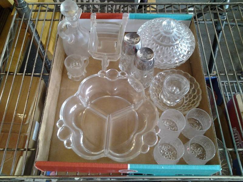 lot 40 image: Box Of Glassware, 4 Shooters From Poland, Relish, Candy, Cruet