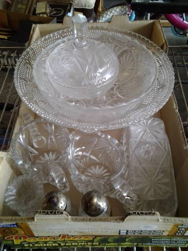 lot 41 image: Box Of Glassware, Waterford Crystal Salt & Pepper, Other Bowls, Cream & Sugar, Butter, Candy Dish