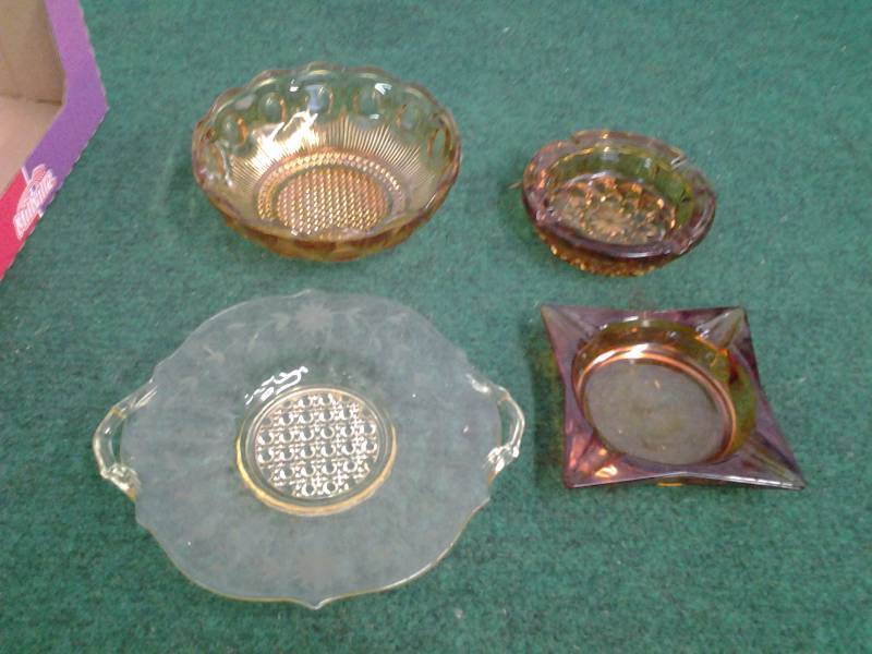 lot 45 image: Amber Glass Bowl & Ash Trays, Yellow Depression Platter