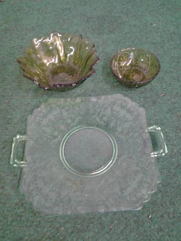 lot 46 image: Green Depression Platter & Other Green Dishes