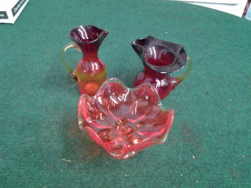 lot 47 image: 3 Pieces Red (Tri-Color RedOrangeYellow) Glassware