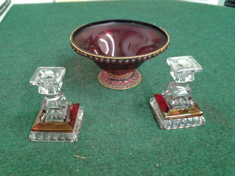 lot 48 image: Pair Fancy Candle Holders, Red Jewelled Bowl