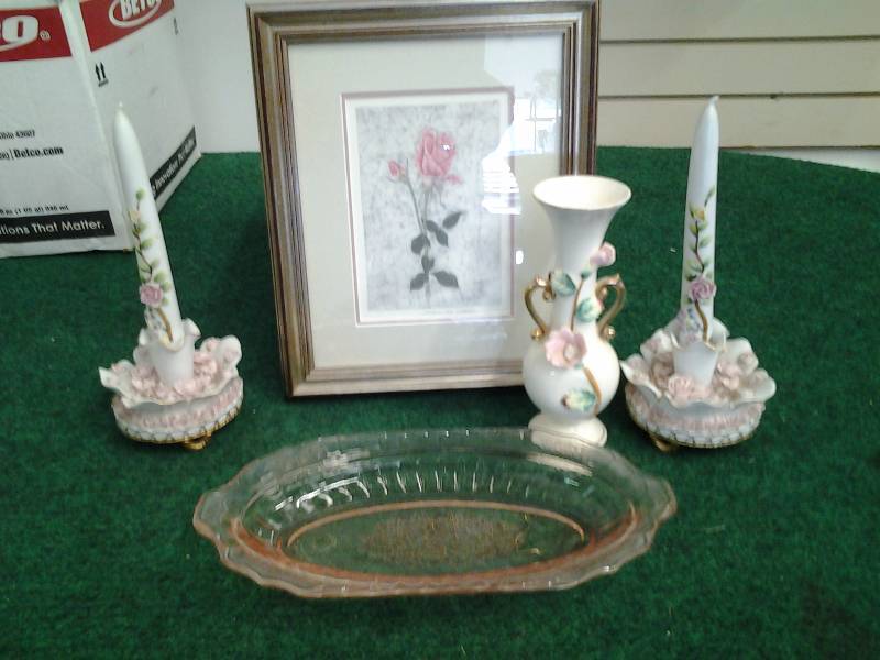 lot 50 image: Pink Depression Dish, Porcelain Pink Rose Petal Candle Holders, Vase, Pitcher