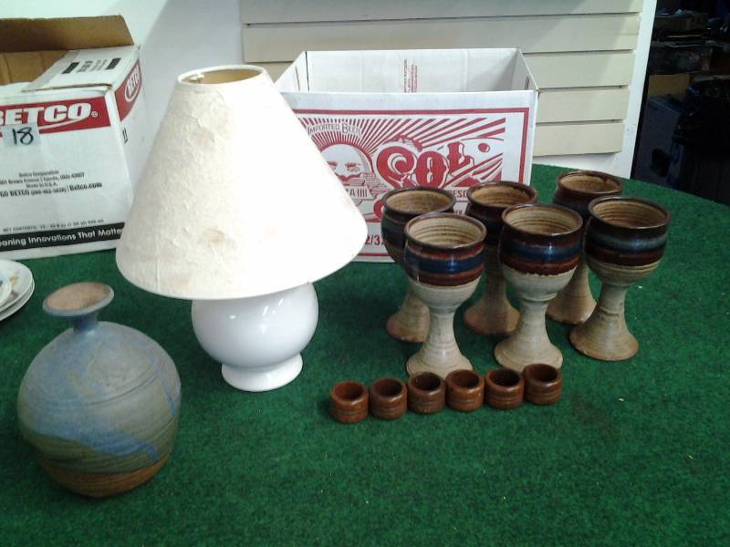 lot 67 image: 6-Pottery Goblets, Pottery Vase, 6-Wood Napkin Rings, Lamp With Pressed Paper Shade