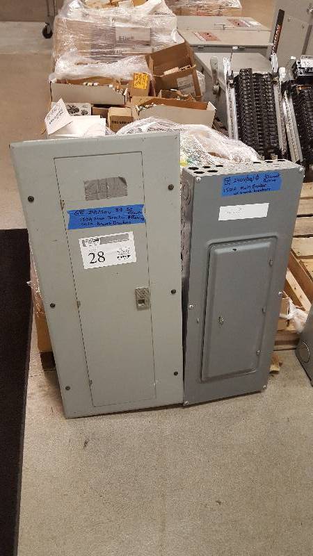 lot 28 image: Lot of (2) Electrical Boxes Including 1) GE 240120V 3PH 150A Main Breaker w Branch Breakers AND 1) Square D 240120V 1PH 30 Circuits 150A Main Breaker w Branch Breakers