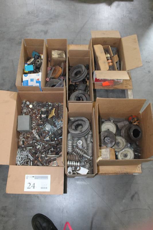 Pallet Lot Including Misc. Electrical Fuses 800A, Nuts, Bolts, Pulleys, Timers