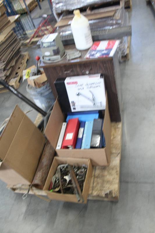 Pallet Lot Including Amano PIX 3000x Time Clock, Time Card Metal Holder, Misc Metals, Small Lock Cabinet, Office Supplies