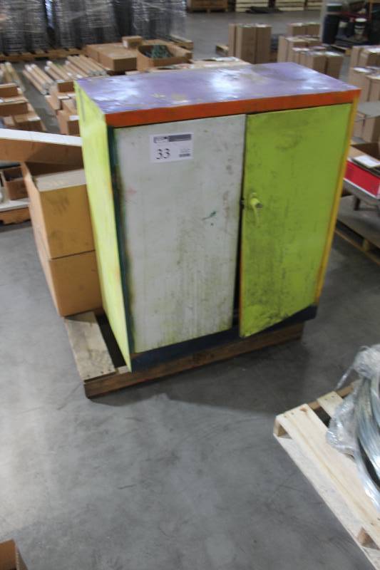 Pallet Lot Including Old 2-Door Metal Cabinet 36�x18�x42� (Needs Straightening), Carpet Runner, B65 Belts, ULine S-7911 48� Pallet Runner