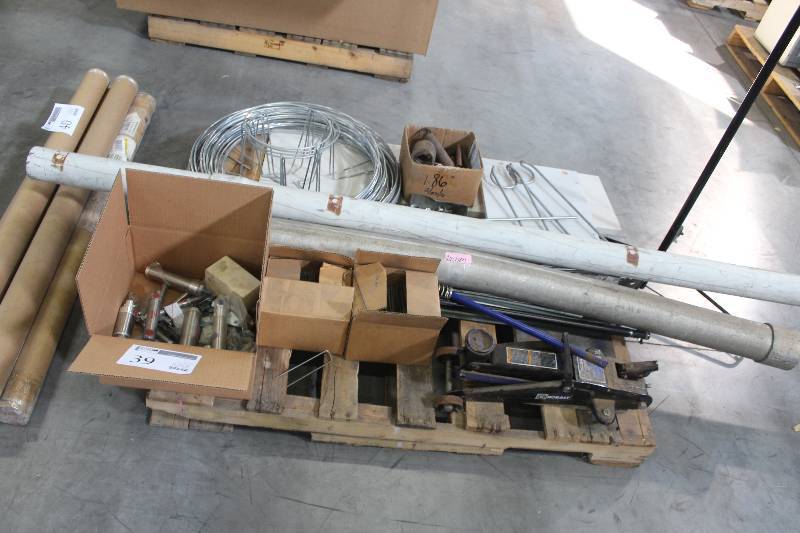 Pallet Lot Including Misc Jack, Nuts, Bolts, Spring Rings, Landscape Staples
