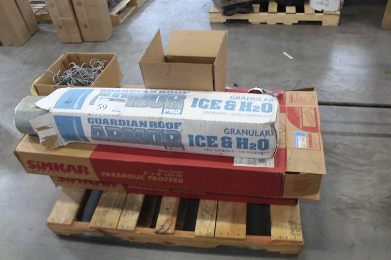 Pallet Lot Including (2) Shop Light Fixture 2�x4�, Guardian Roof Material, Bolts