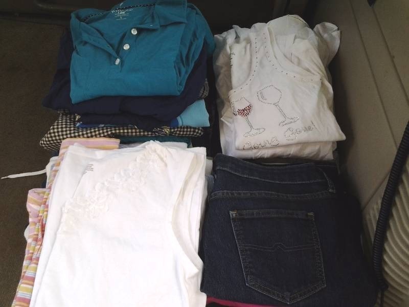 lot 40 image: 47-Pieces Ladies Size Large & 10-12 T-Shirts, Tanks, Blouses, Shorts, Pants