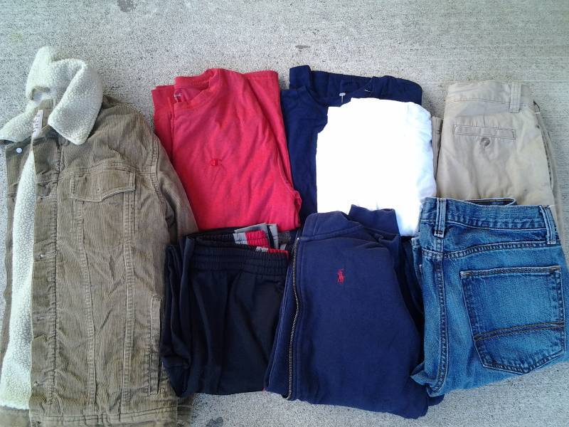 lot 42 image: 9-Pieces Boys Size 12-14-16 T-Shirts, Polo Sweatshirt, Jacket, Pants Waist 30