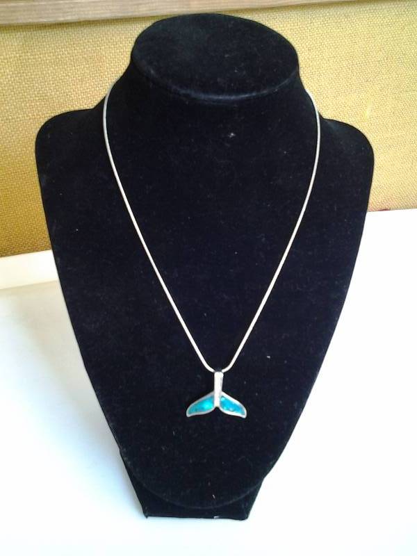 lot 15 image: Silvertone Whale Tail Inlay Necklace With Stones