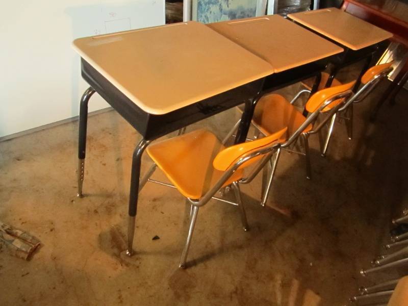 3 school desks with chairs...
