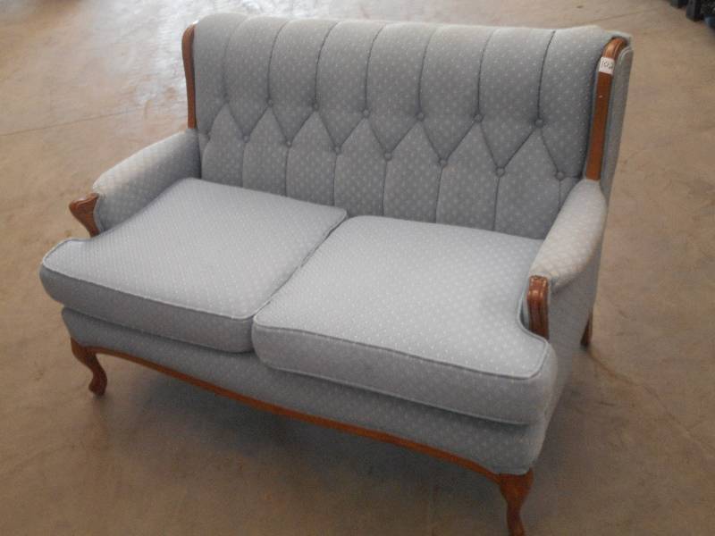 lot 102 image: Vintage Wood-Framed 2-Seater Sofa ...