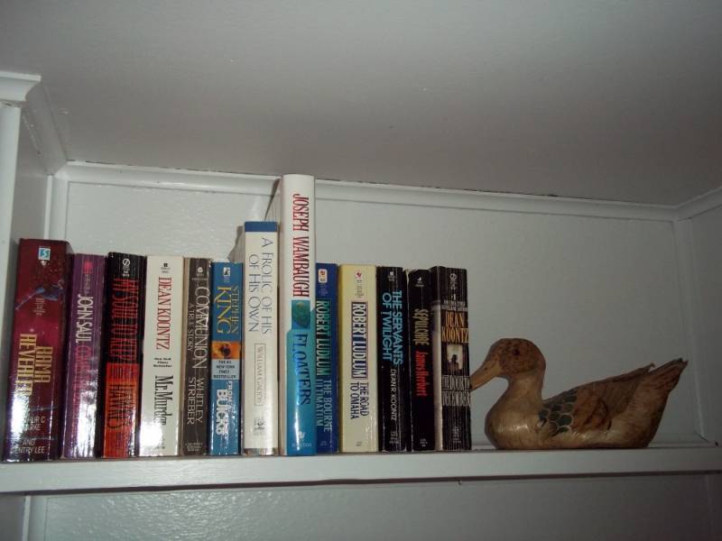Shelf of Books and Wood Duck Dcor