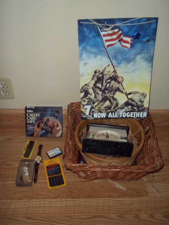 Wicker Baskets, Watch, Clock, Singer Sewing Machine Needles, etc.