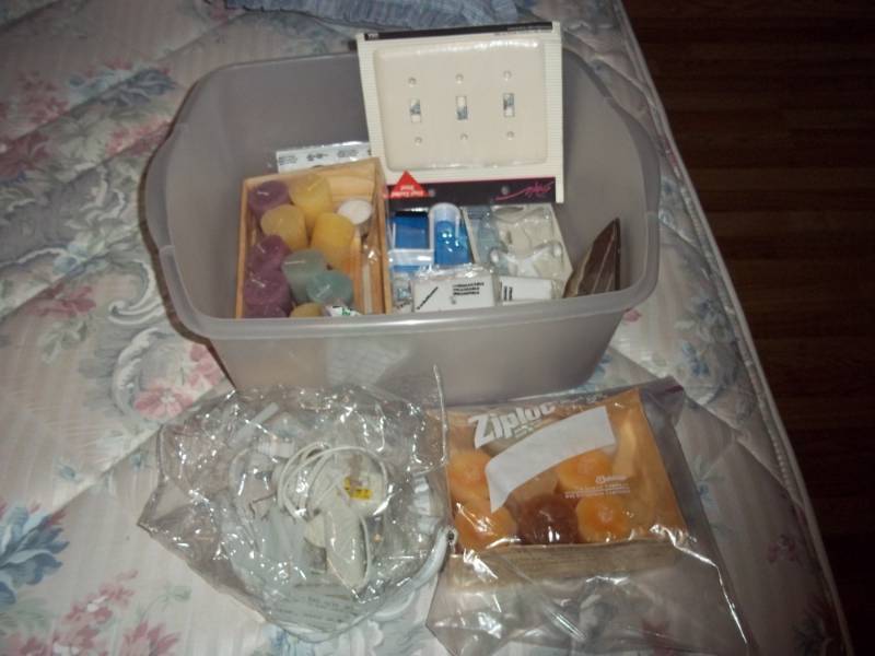 Tote with Candles, Switch Covers, Glue Gun, Etc