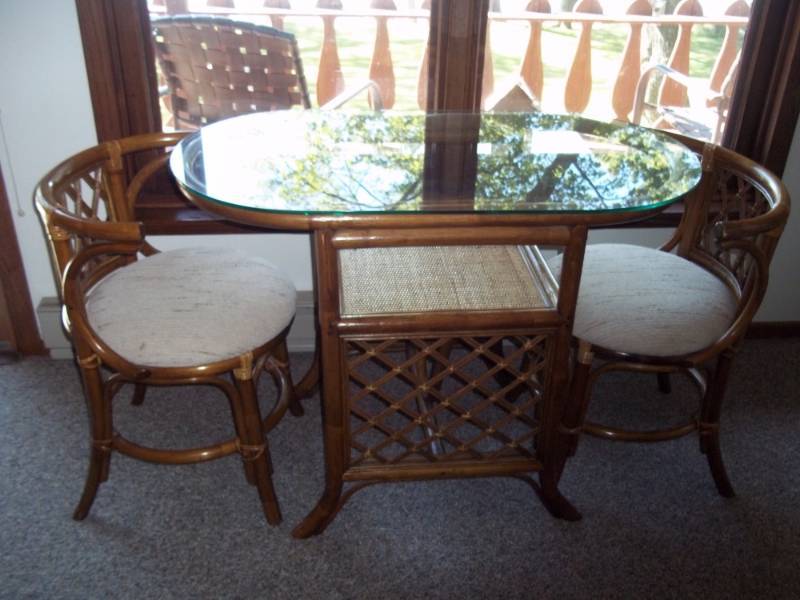 Wicker Table with glass top and 2 chairs