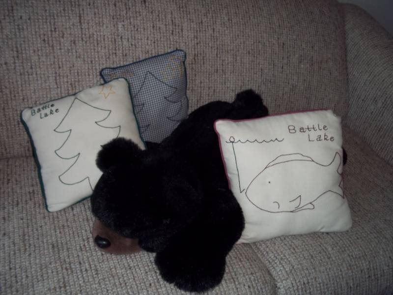Stuffed bear and pillows