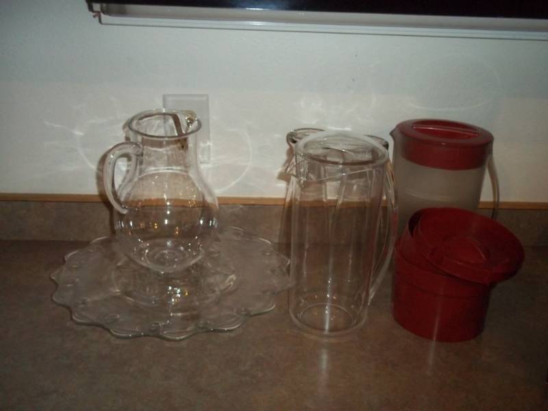 Pitchers glass and plastic with glass serving plate