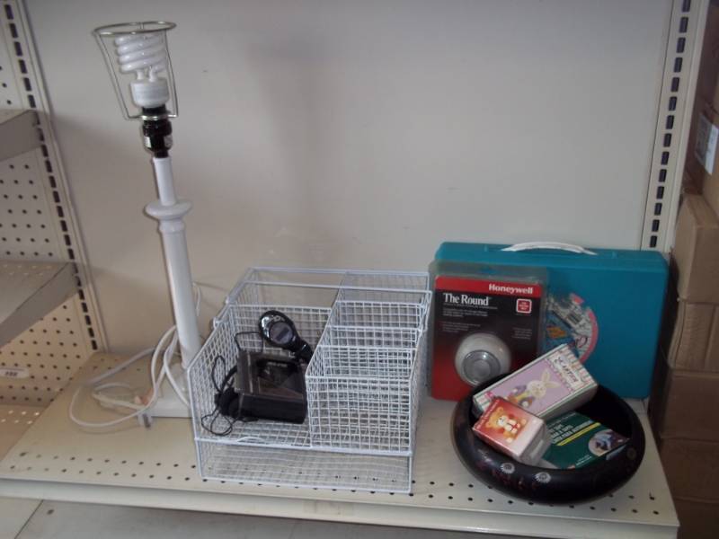 lot 116 image: Lamp, Wire Storage Unit, Honeywell Thermostat, Blue Case, etc