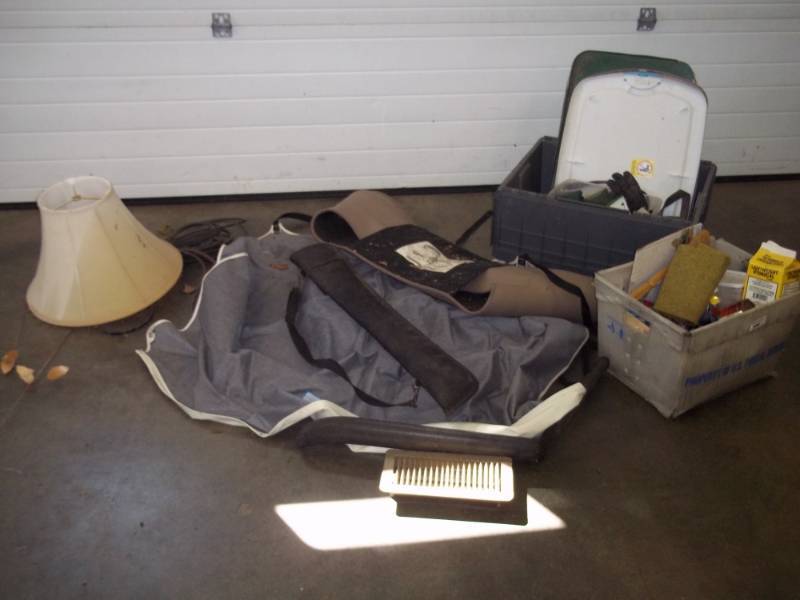lot 231 image: Tote with Misc items including covers, paint supplies, lamp shade, etc