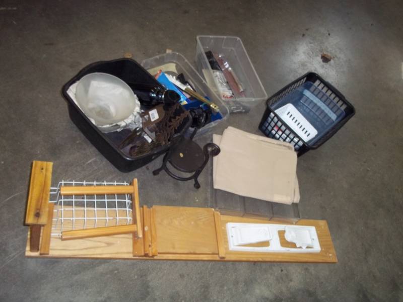 lot 239 image: Wood Sink Shelf, Misc Hardware, dcor, baskets, etc